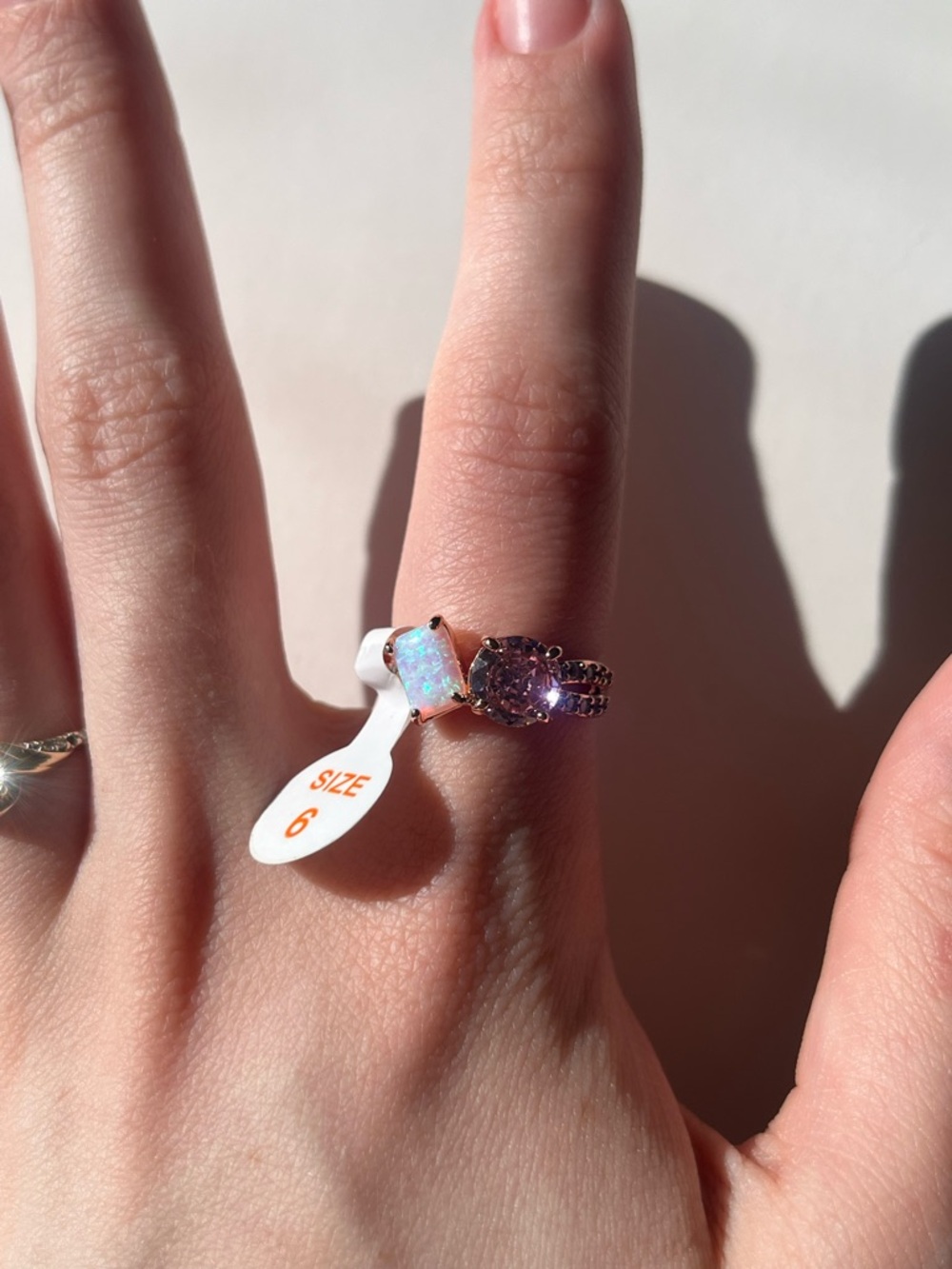 Genuine Rose Gold- Opal and Purple Crystal Double-Stack Ring - Size 6